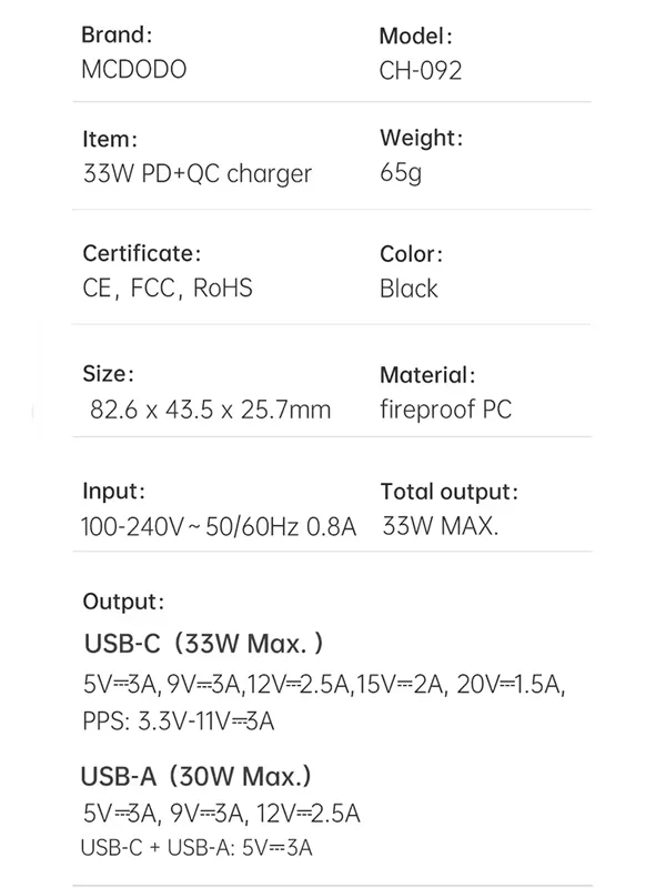 مشخصات شارژر مک دودو ch0921