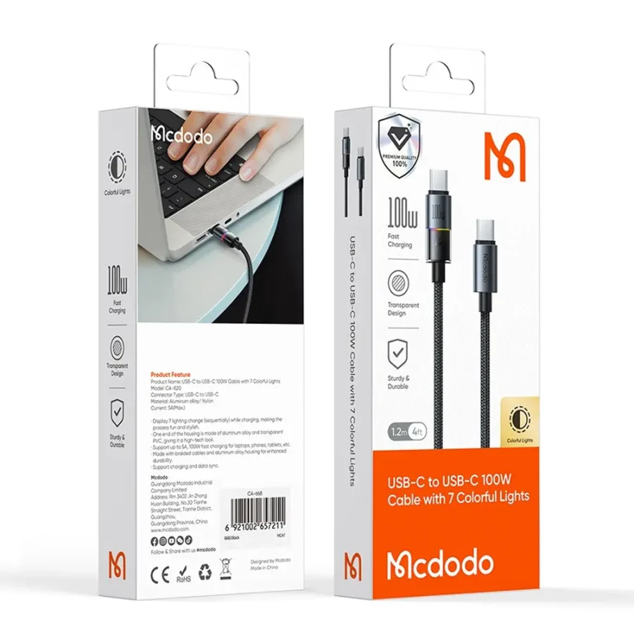 CA-820 USB-C to USB-C 100W Cable with Colorful Lights